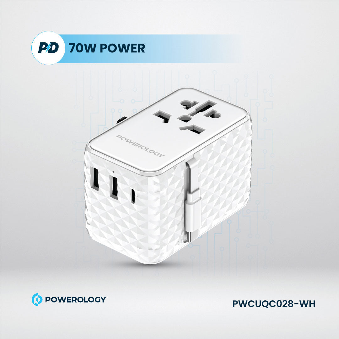 Powerology GaN 20W PD Universal Adapter Retractable Type-C Cable - PWCUQC028-WH - White