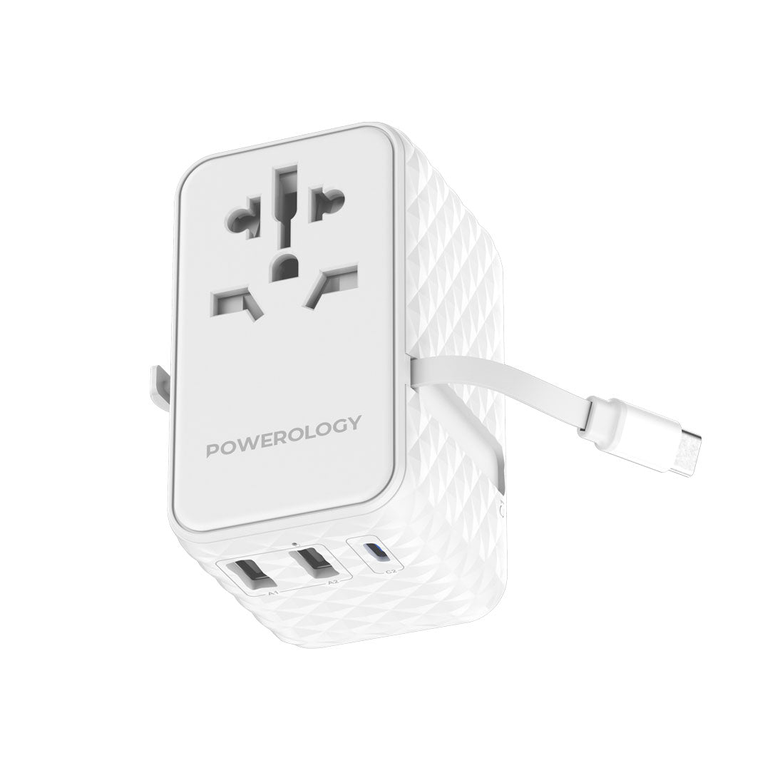 Powerology GaN 20W PD Universal Adapter Retractable Type-C Cable - PWCUQC028-WH - White