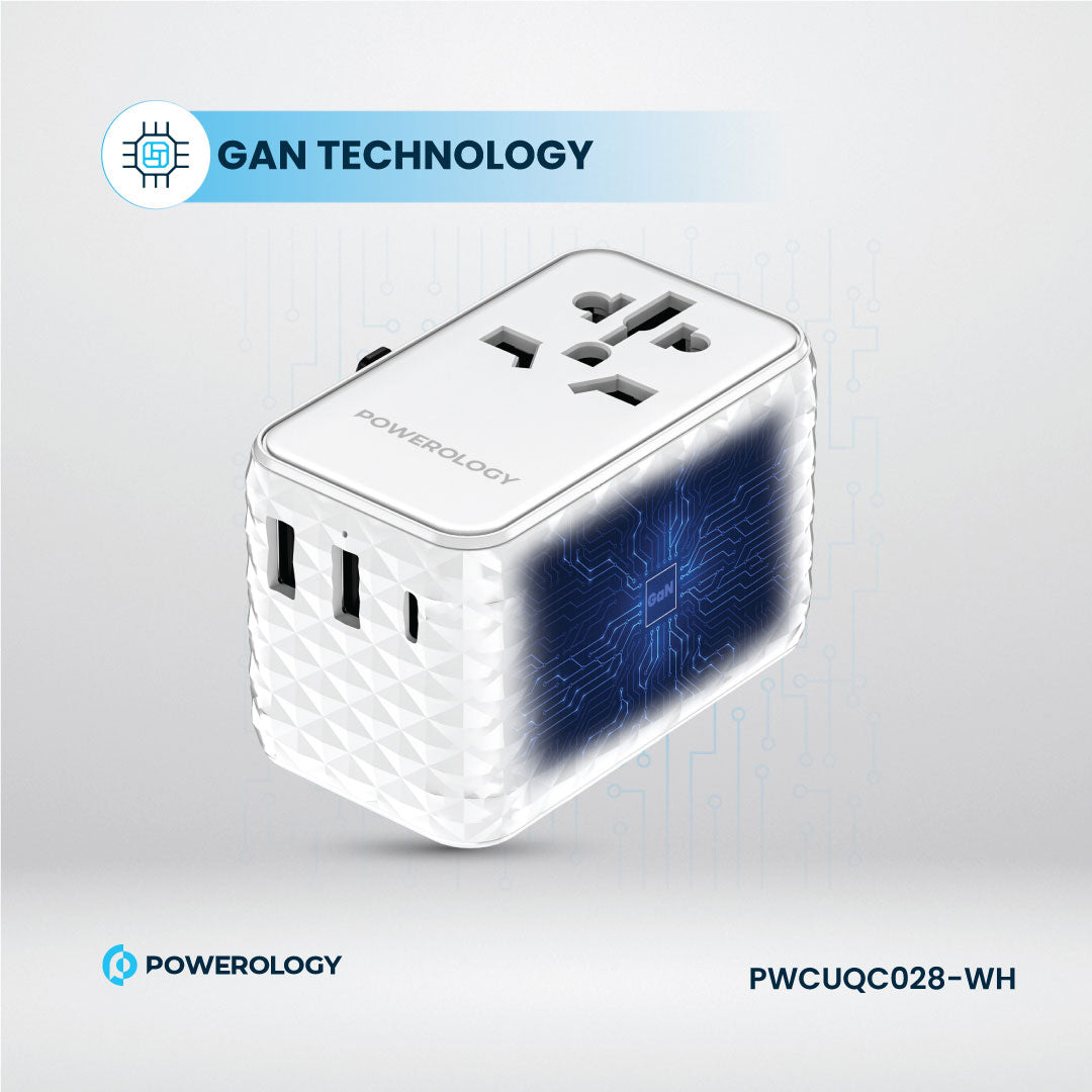 Powerology GaN 20W PD Universal Adapter Retractable Type-C Cable - PWCUQC028-WH - White