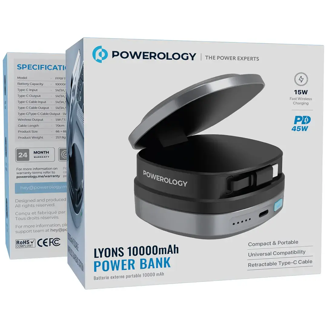 Powerology بنك طاقة ليونز بسعة 10000 مللي أمبير - PPBFT04BK - أسود