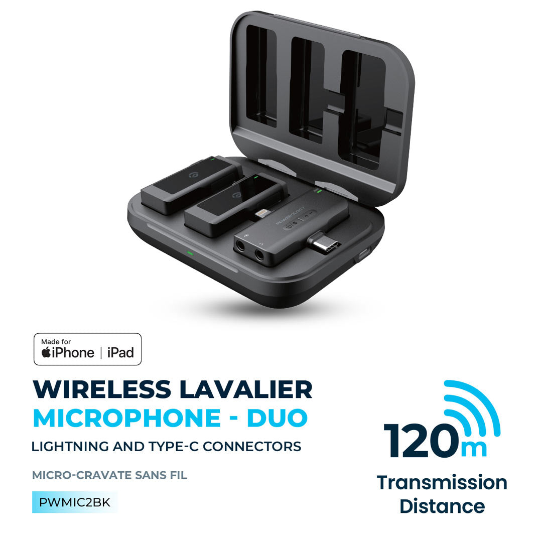 Powerology Wireless Lavalier Microphone - Duo - PWMIC2BK - Black