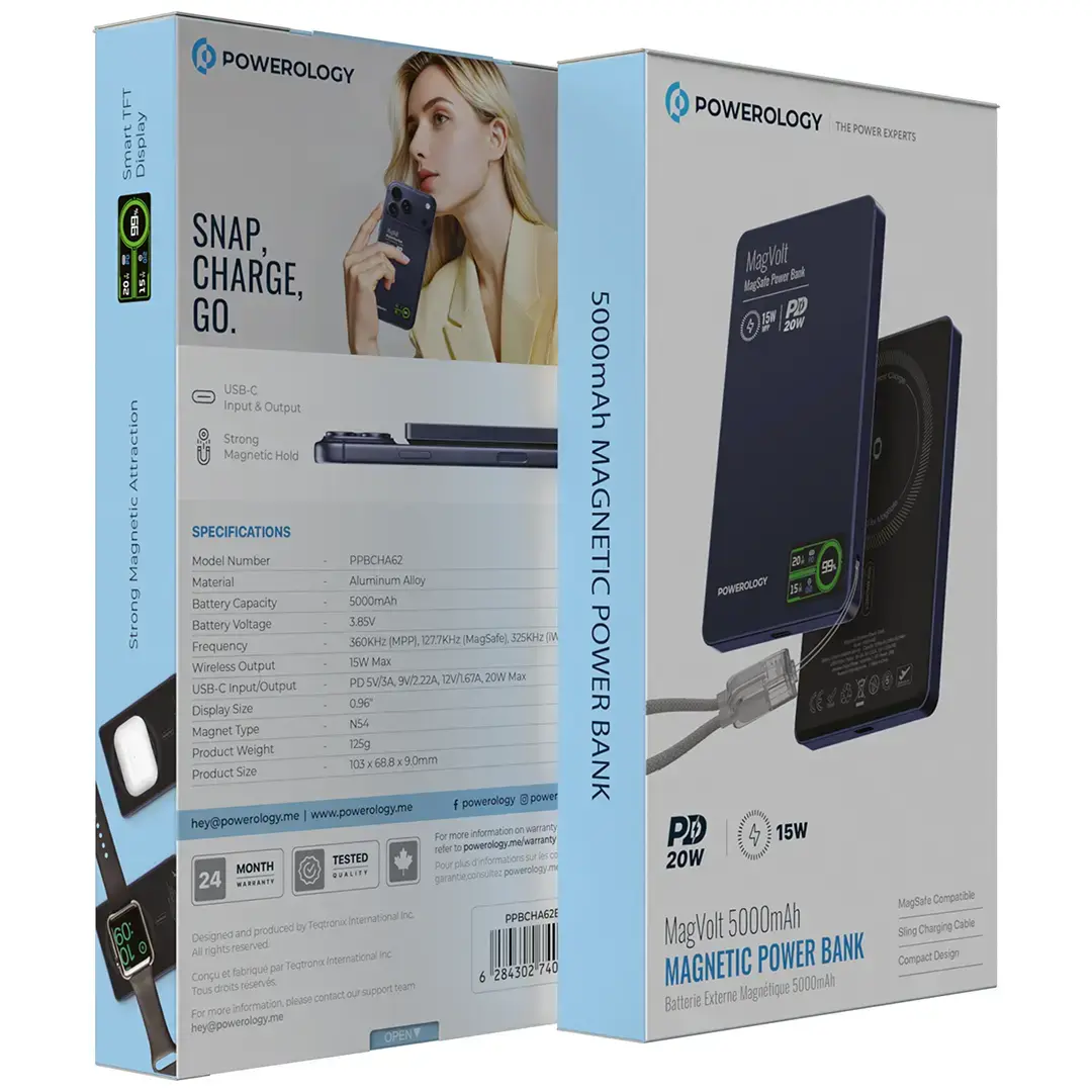 Powerology MagVolt 5000mAh Magnetic Power Bank - PPBCHA62BU - Blue