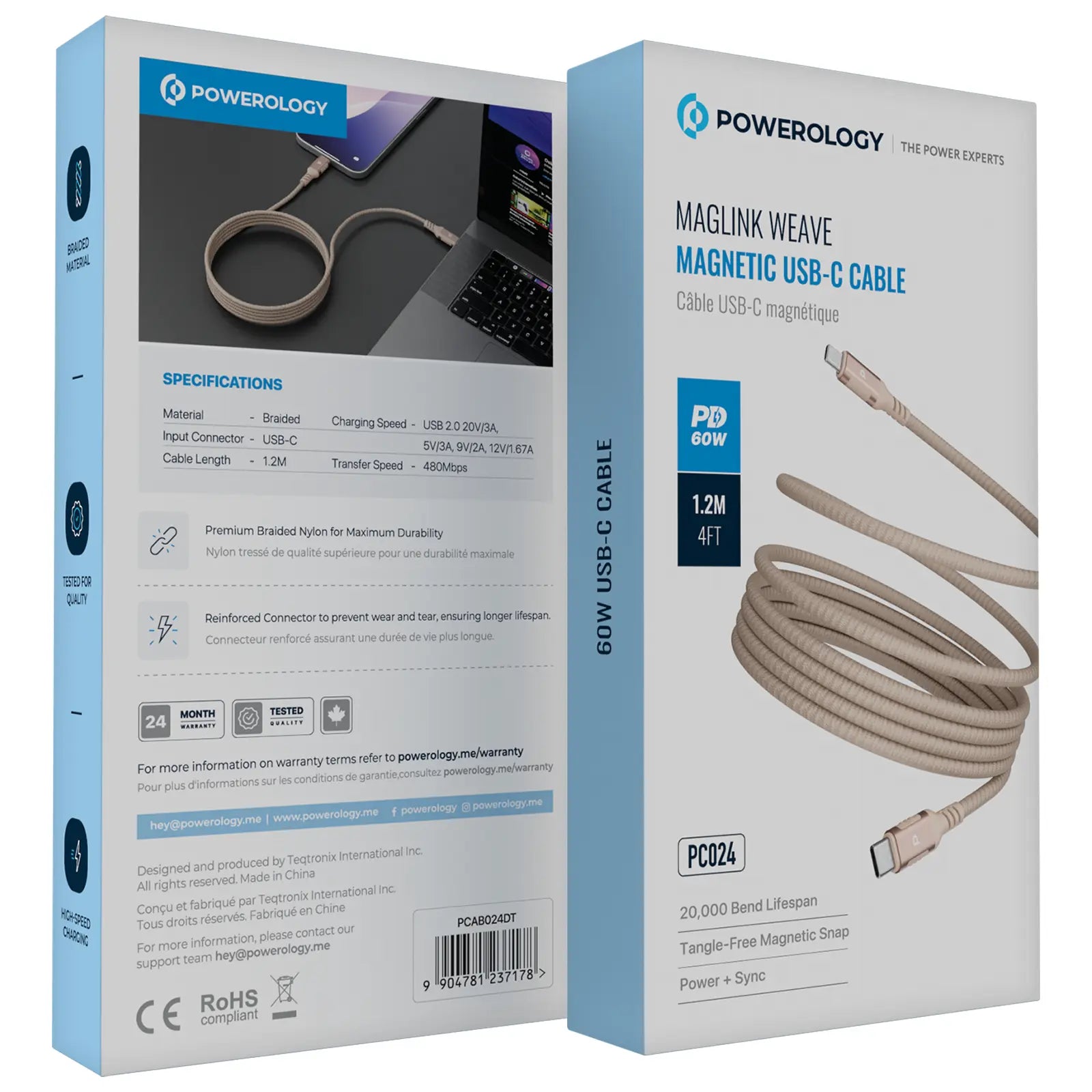 Powerology كابل مالينكا ويف المغناطيسي USB-C بطول 1.2 متر، يدعم الشحن السريع بقوة 60 واط - PCAB024DT - لون تيتانيوم صحراوي
