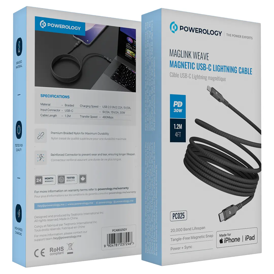 Powerology Malinka Weave Magnetic USB-C To Lightning 1.2M Cable PD 30W - PCAB025GY - Gray