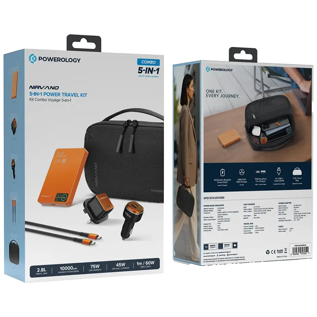Powerology Nirvano 5-In-1 POWER Travel Kit - PPBCHA121BKOG - Black/
Orange