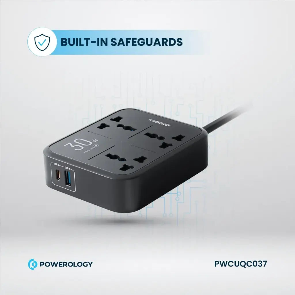 Powerology مشترك كهرباء 3250 واط بثلاثة مقابس ومنفذ USB-C 30 واط - أسود