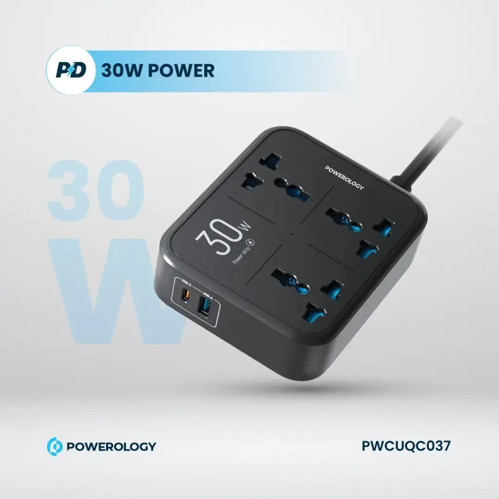 Powerology مشترك كهرباء 3250 واط بثلاثة مقابس ومنفذ USB-C 30 واط - أسود