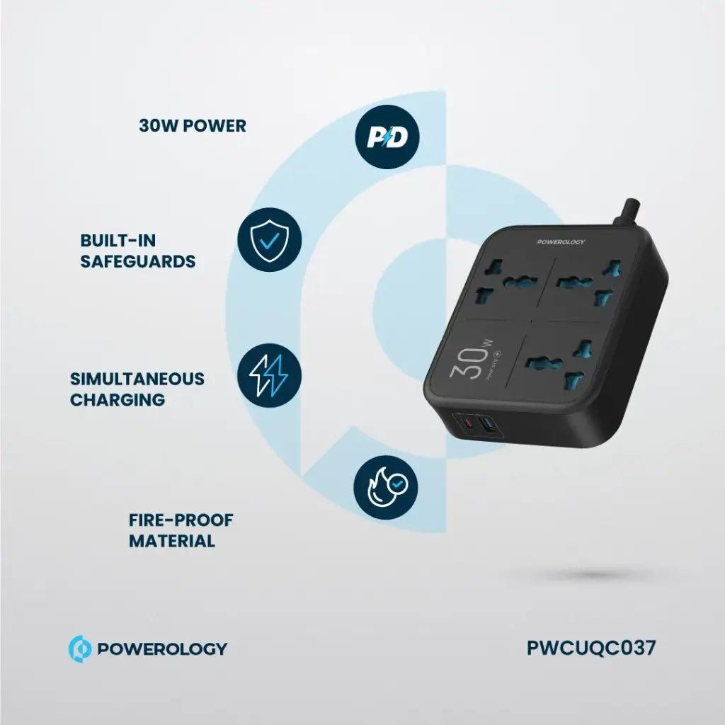 Powerology مشترك كهرباء 3250 واط بثلاثة مقابس ومنفذ USB-C 30 واط - أسود
