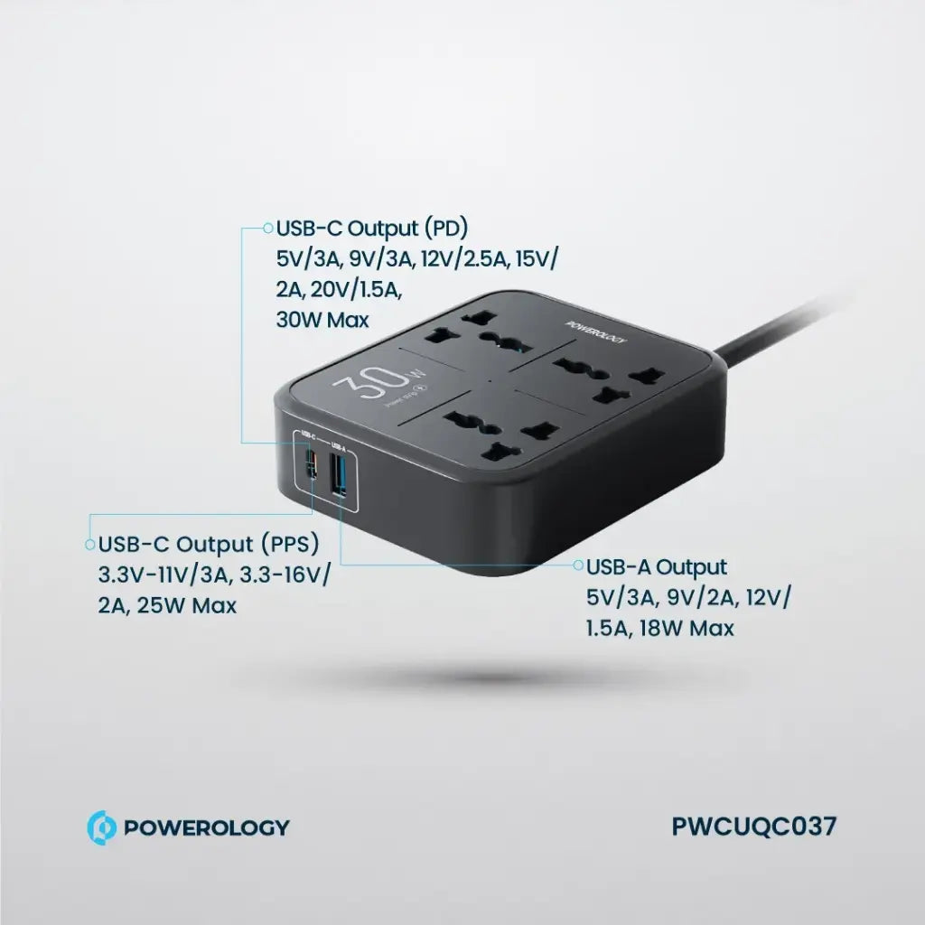 Powerology مشترك كهرباء 3250 واط بثلاثة مقابس ومنفذ USB-C 30 واط - أسود