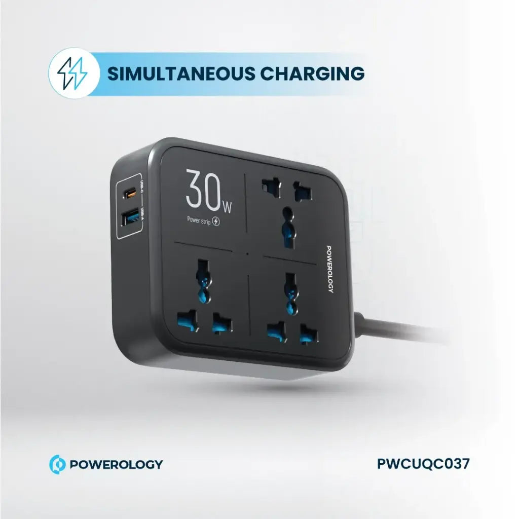 Powerology مشترك كهرباء 3250 واط بثلاثة مقابس ومنفذ USB-C 30 واط - أسود