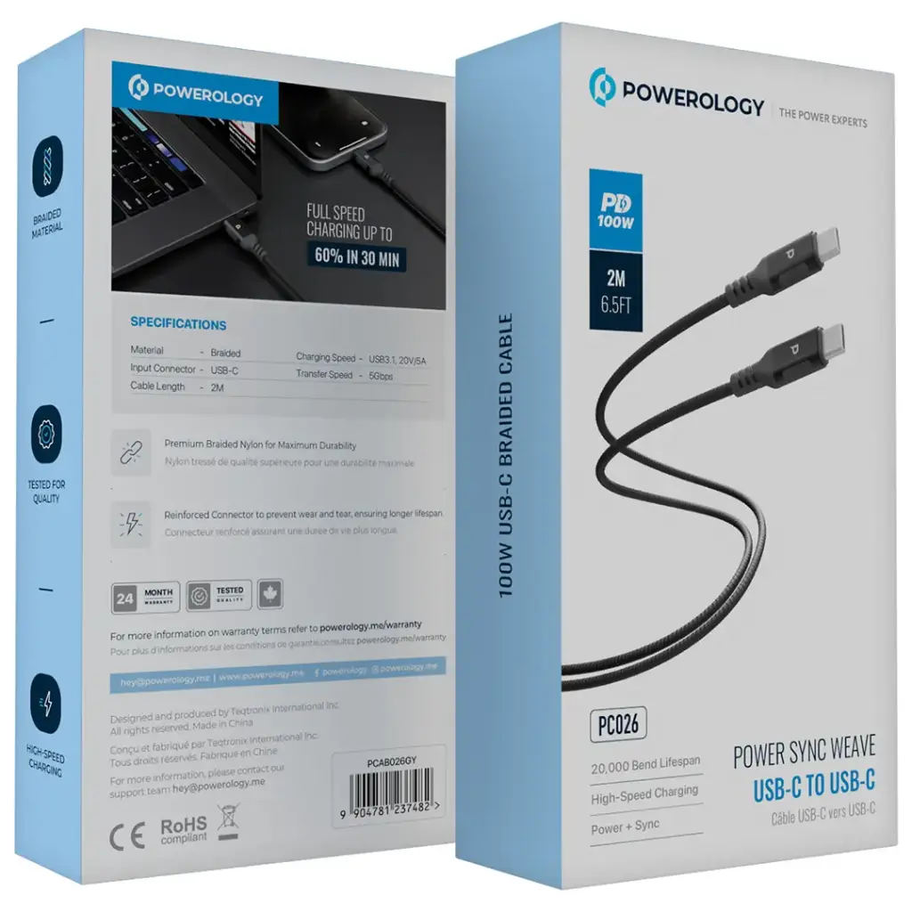 Powerology Power Sync Weave USB-C to USB-C 2m Cable PD 100W - Gray braided cable