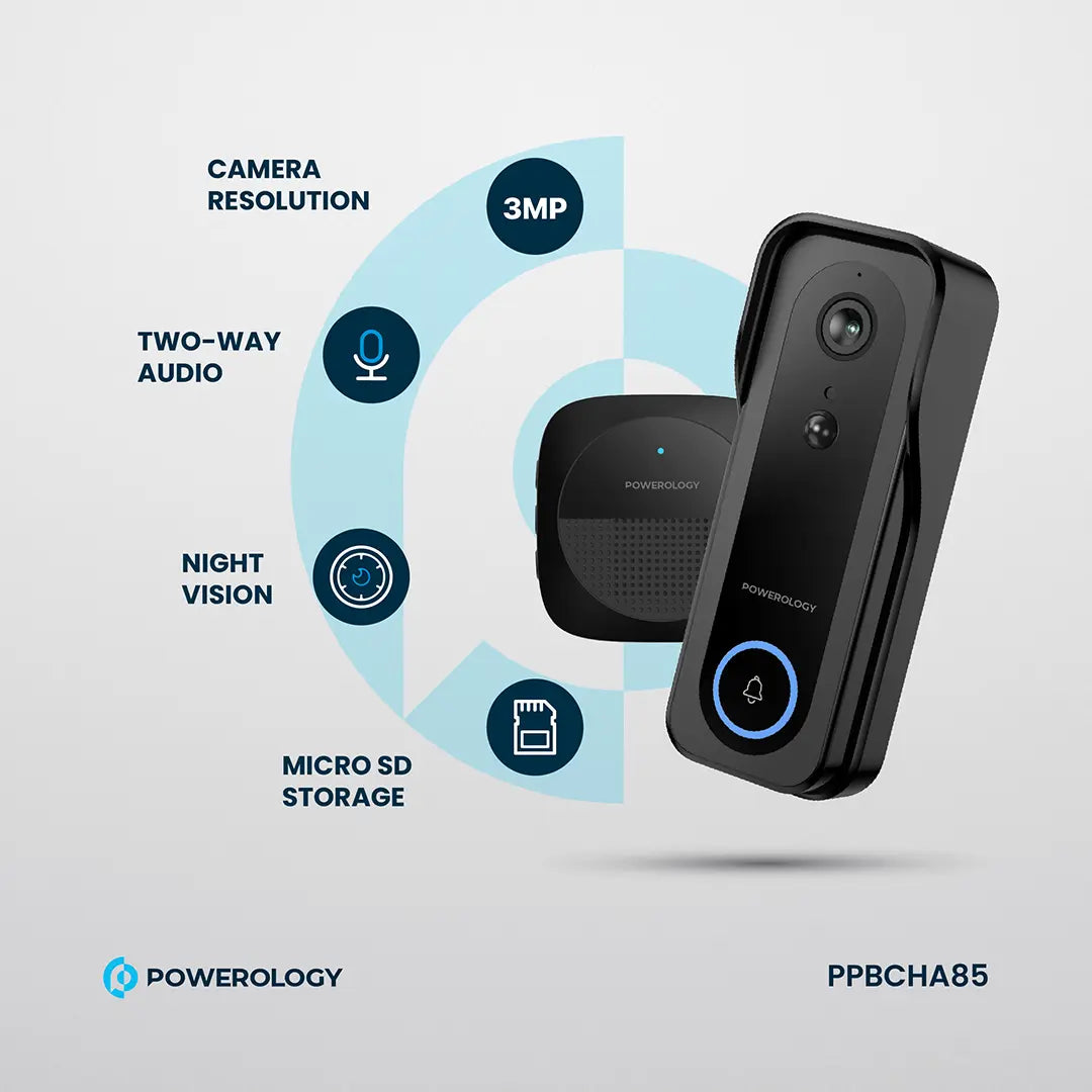 Powerology جرس باب ذكي مزود بكاميرا تعمل بالأشعة تحت الحمراء بدقة 3 ميجابكسل، وبطارية 5200 مللي أمبير، وبطارية مقاومة للماء والغبار بمعيار IP65، وسعة تخزين 265 جيجابايت، وخاصية الاتصال الصوتي - PPBCHA85 - أسود