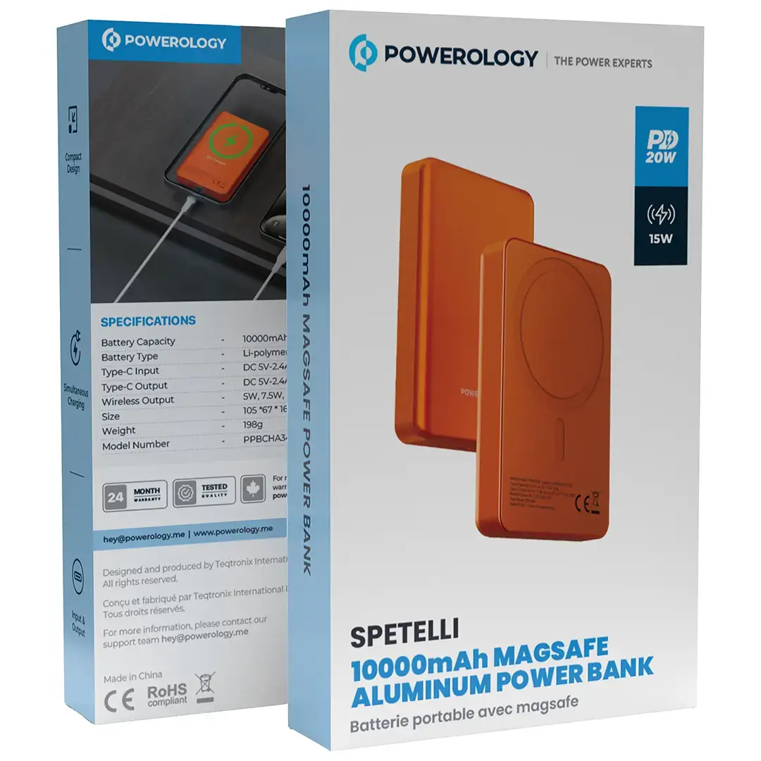Powerology Spetelli 10000mAh Magsafe Aluminum Power Bank PD 20W - PPBCHA34OG - Orange