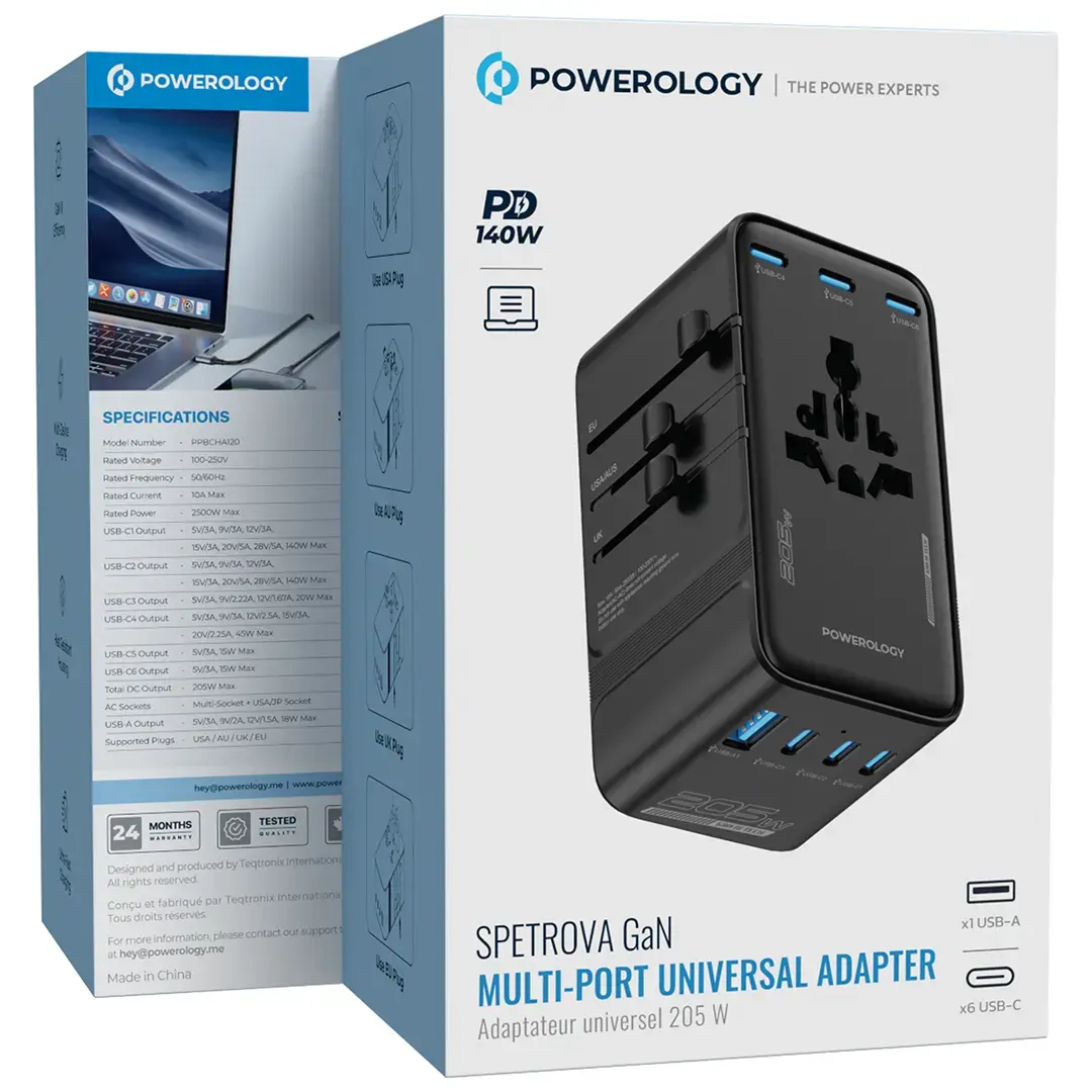 Powerology Spetrova GaN Multi-Port Universal Adapter PD 140W - PPBCHA120BK - Black
