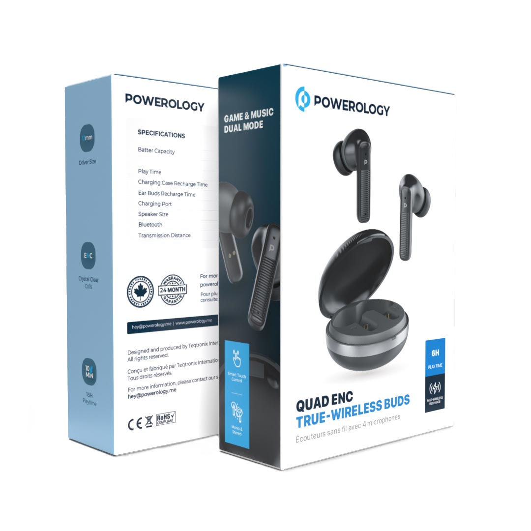 Powerology سماعات أذن لاسلكية حقيقية بتقنية Quad ENC - PWLAU006-BK - أسود