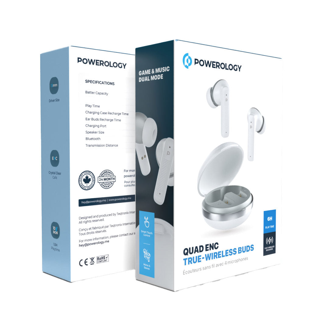 Powerology سماعات أذن لاسلكية حقيقية بتقنية Quad ENC - PWLAU006-WH - أبيض