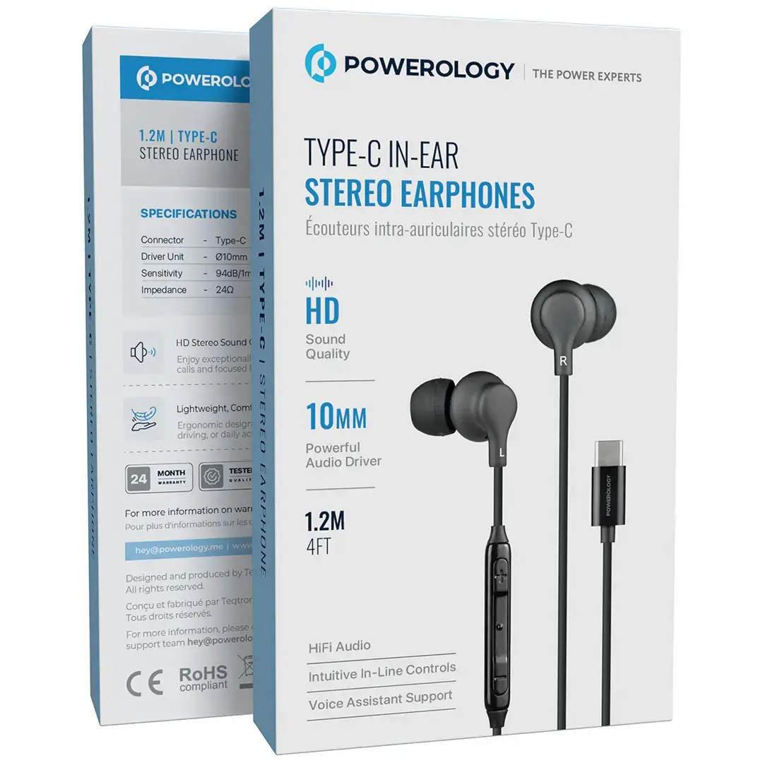 Powerology Type-C In-Ear Stereo Earphones - PWEPHCR28BK - Black