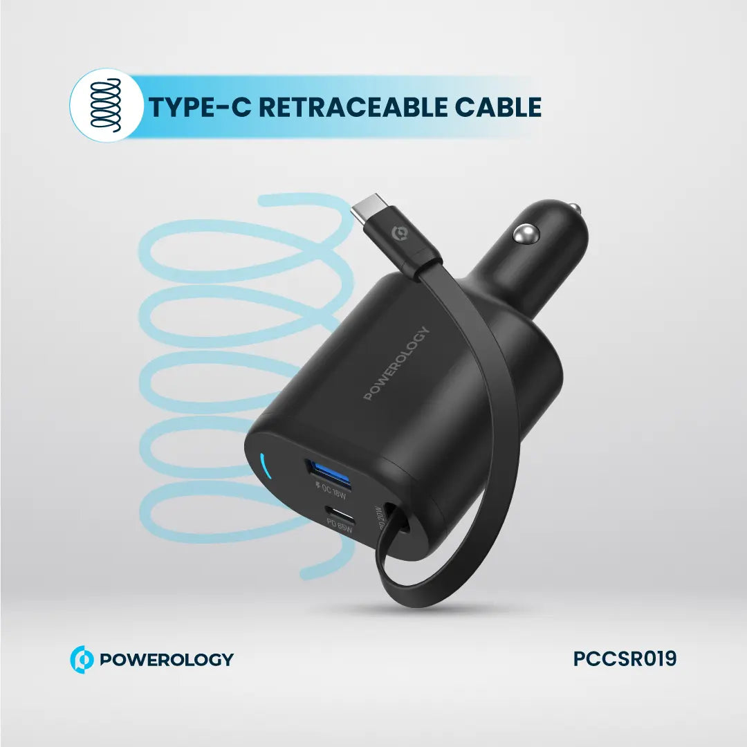 Powerology شاحن سيارة قابل للسحب من النوع C - PCCSR019 - أسود