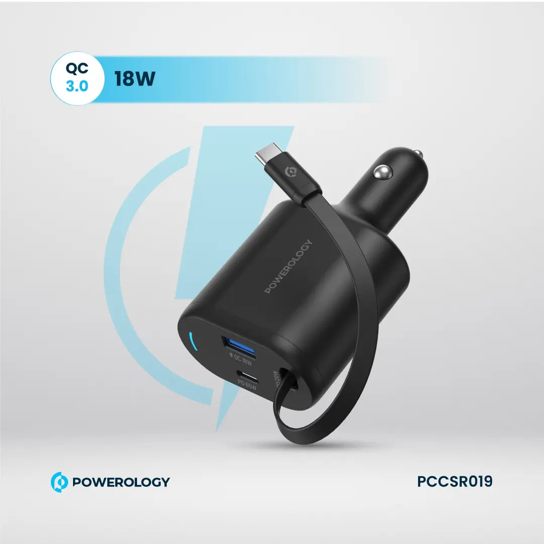 Powerology شاحن سيارة قابل للسحب من النوع C - PCCSR019 - أسود
