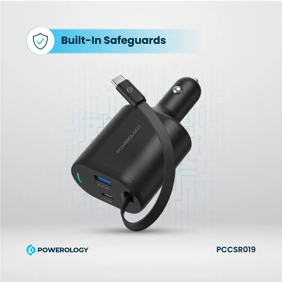 Powerology شاحن سيارة قابل للسحب من النوع C - PCCSR019 - أسود