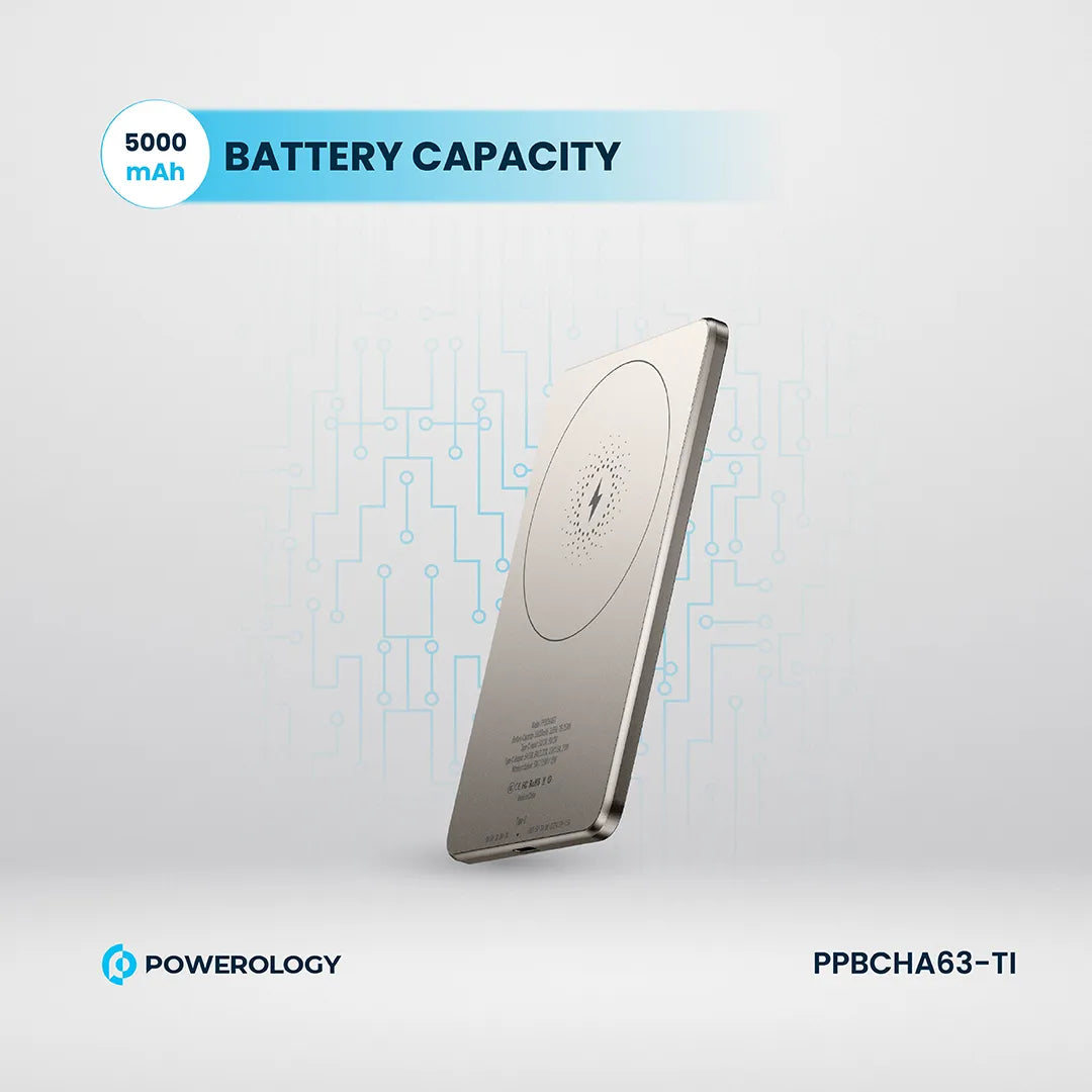 Powerology بنك طاقة ماج سيف فائق النحافة بسعة 5000 مللي أمبير - PPBCHA63-TI - تيتانيوم