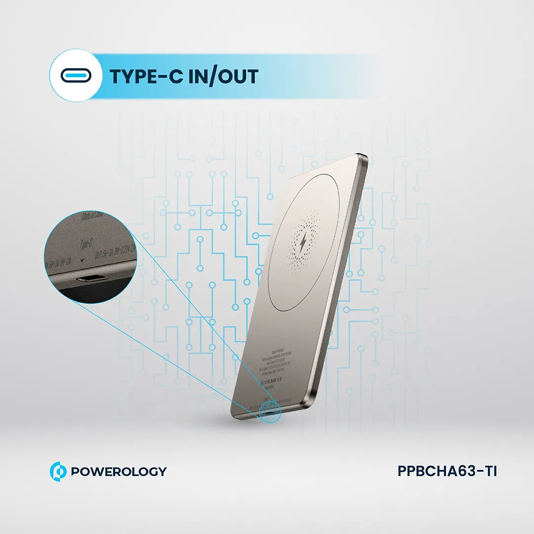 Powerology بنك طاقة ماج سيف فائق النحافة بسعة 5000 مللي أمبير - PPBCHA63-TI - تيتانيوم