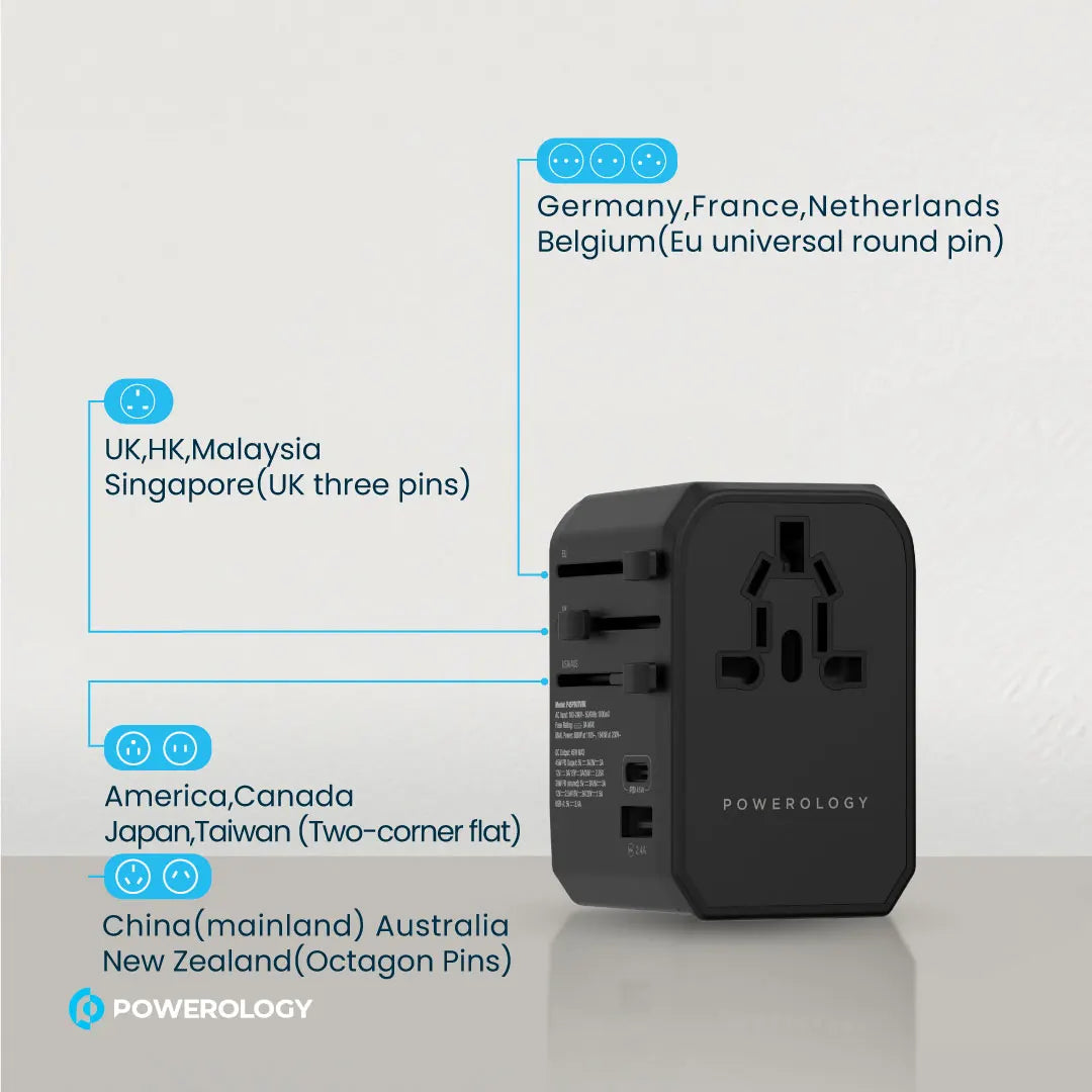 Powerology Universal Multi-Port Travel Charger - P45PDUTVBK - Black