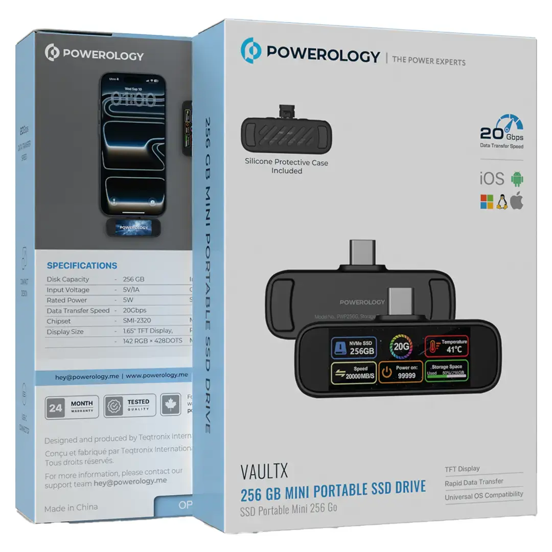 Powerology محرك أقراص الحالة الصلبة المحمول الصغير Vaultx بسعة 256 جيجابايت - PWP256GBK - أسود