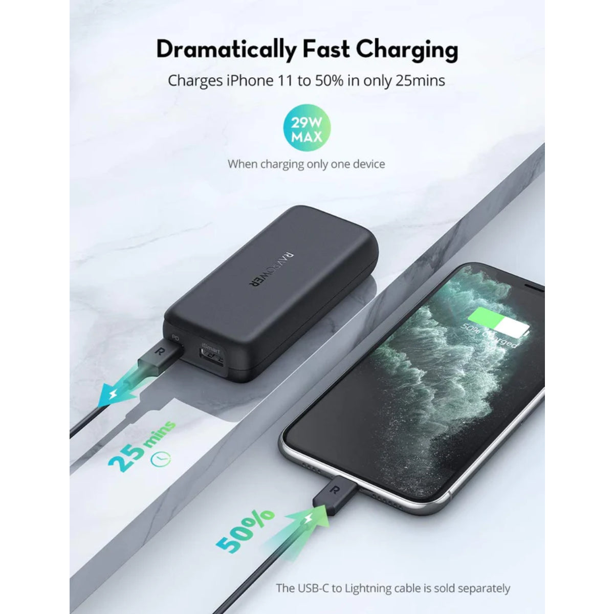 RAVPower PD Pioneer 10000mAh 20W 2-Port Power Bank - Black
