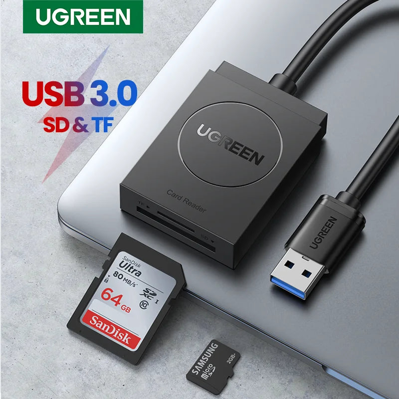 UGREEN قارئ بطاقات USB 3.0 لفتحتي TF وSD أسود - CR127