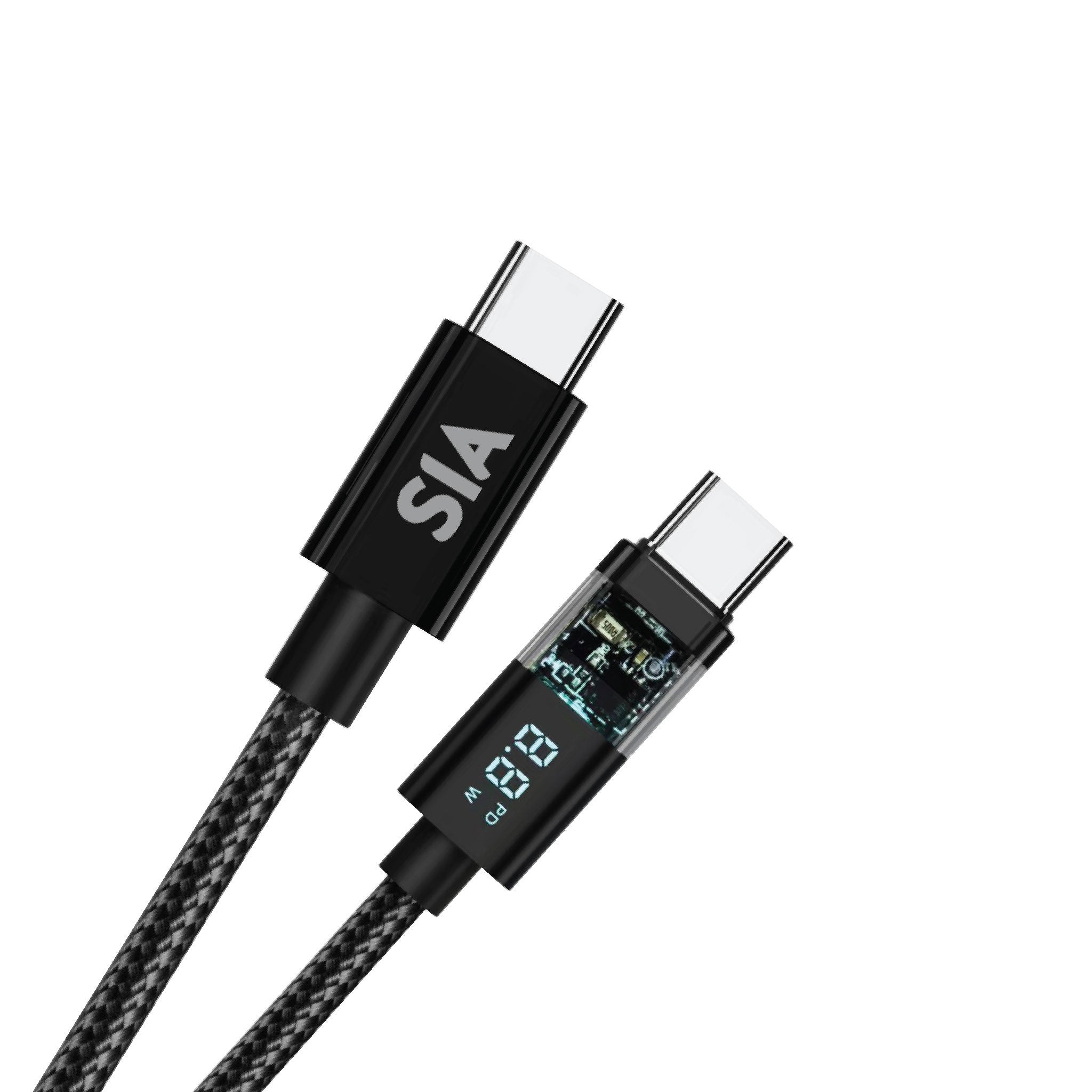SIA BRAIDED TYPE-C TO TYPE-C CABLE 60W 1.2M TRANSPARENT SHELL WITH DIGITAL DISPLAY - SIBRDCC60DIG