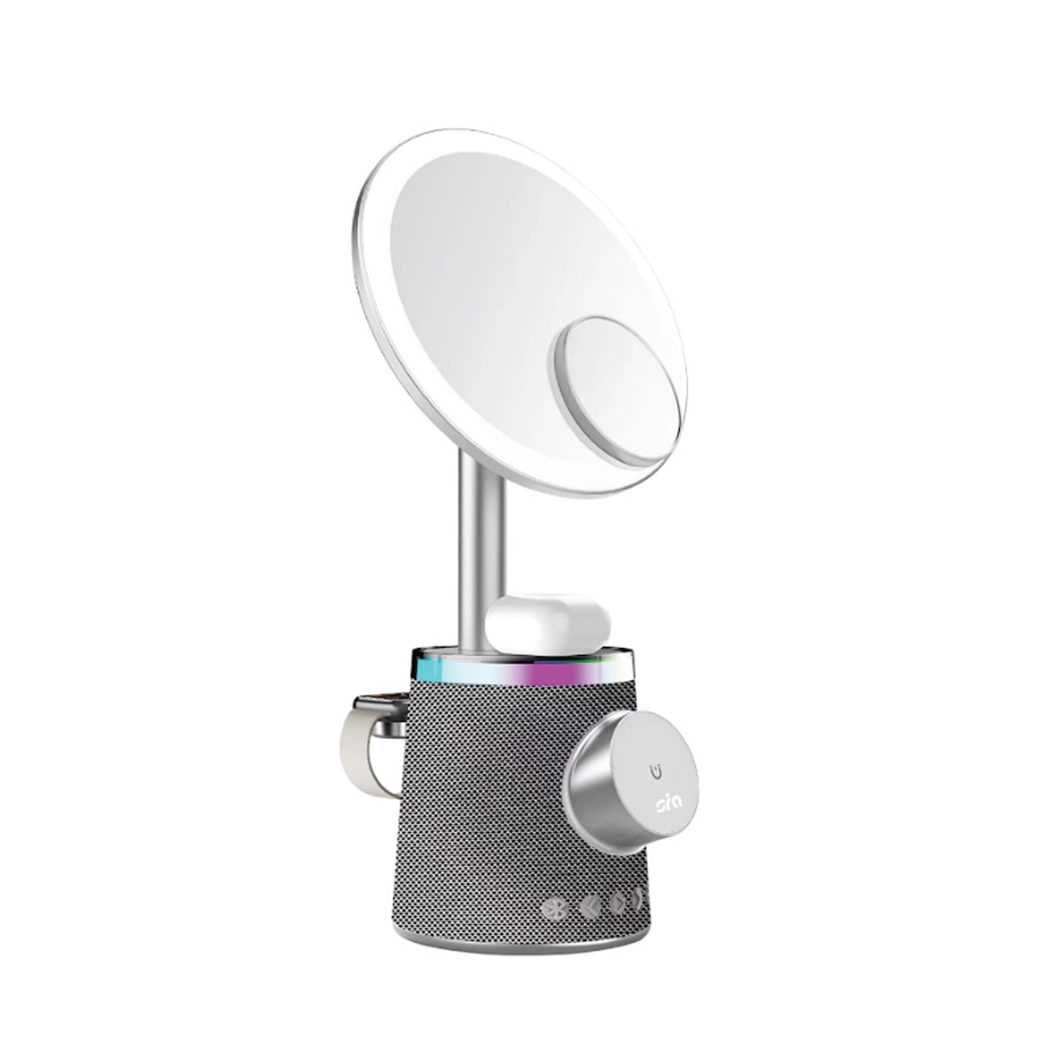 SIA makeup mirror with speaker and 3-in-1 wireless charging in light gray