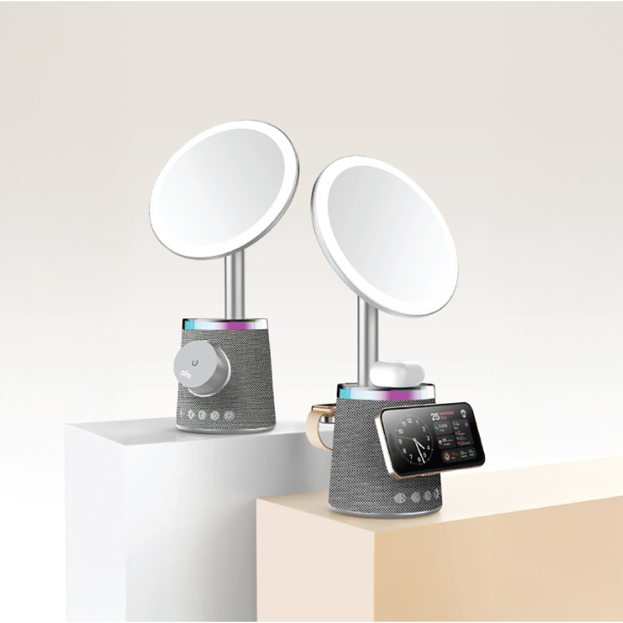 SIA Makeup Mirror with Speaker and 3-in-1 Wireless Charging - Light Gray