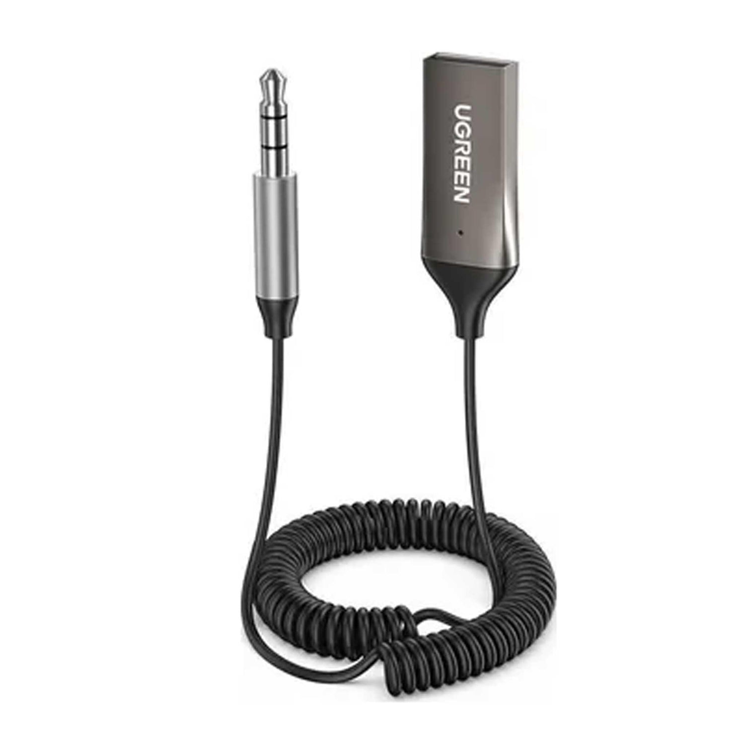 UGREEN Bluetooth Car Receiver Aux with Mic in Space Gray with coiled cable and 3.5mm jack