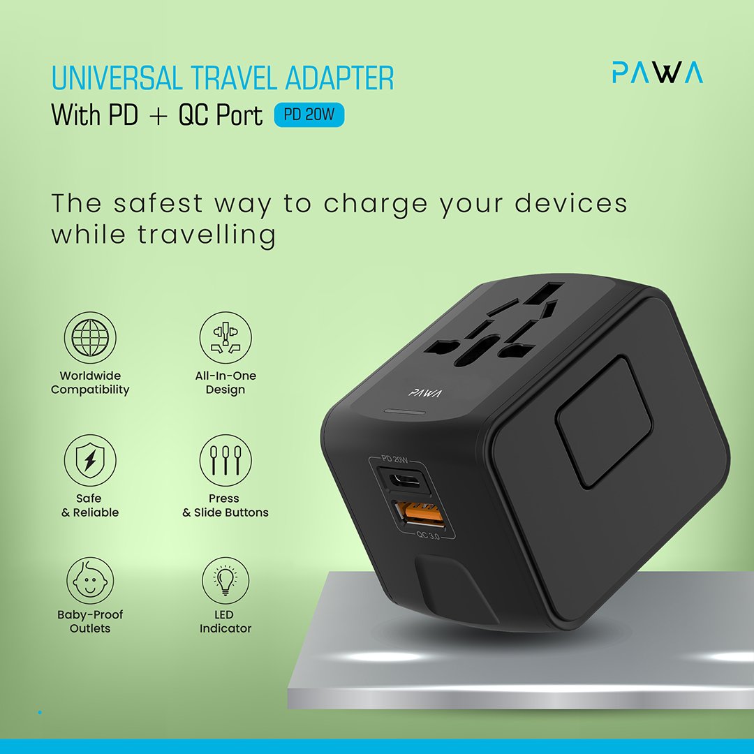 محول سفر عالمي PAWA مع منفذ PD + QC بقوة 20 واط
