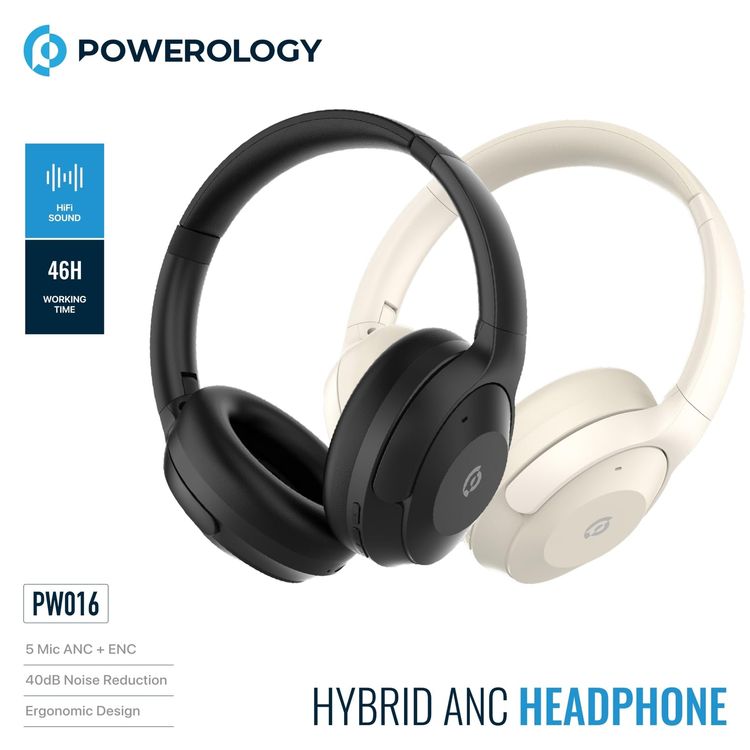 Powerology Hybrid ANC Wireless Headphones Cream side view
