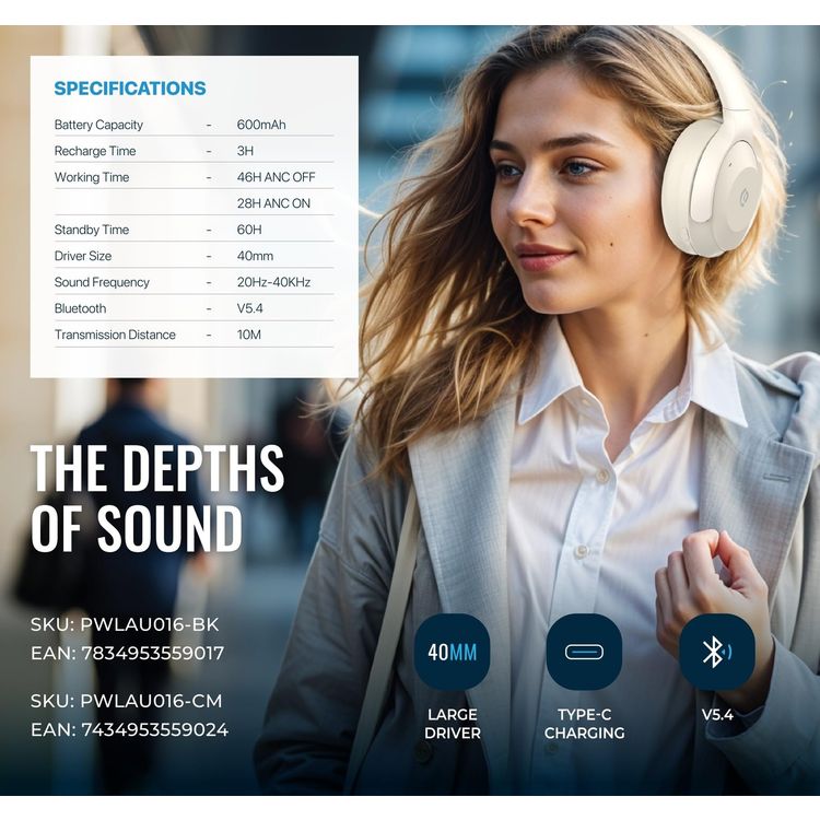 Powerology Hybrid ANC Wireless Headphones Cream folded