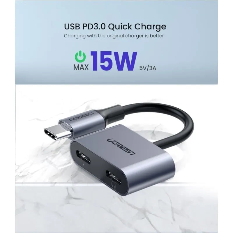 UGREEN محول USB-C ثنائي (شحن وصوت) رمادي - CM232