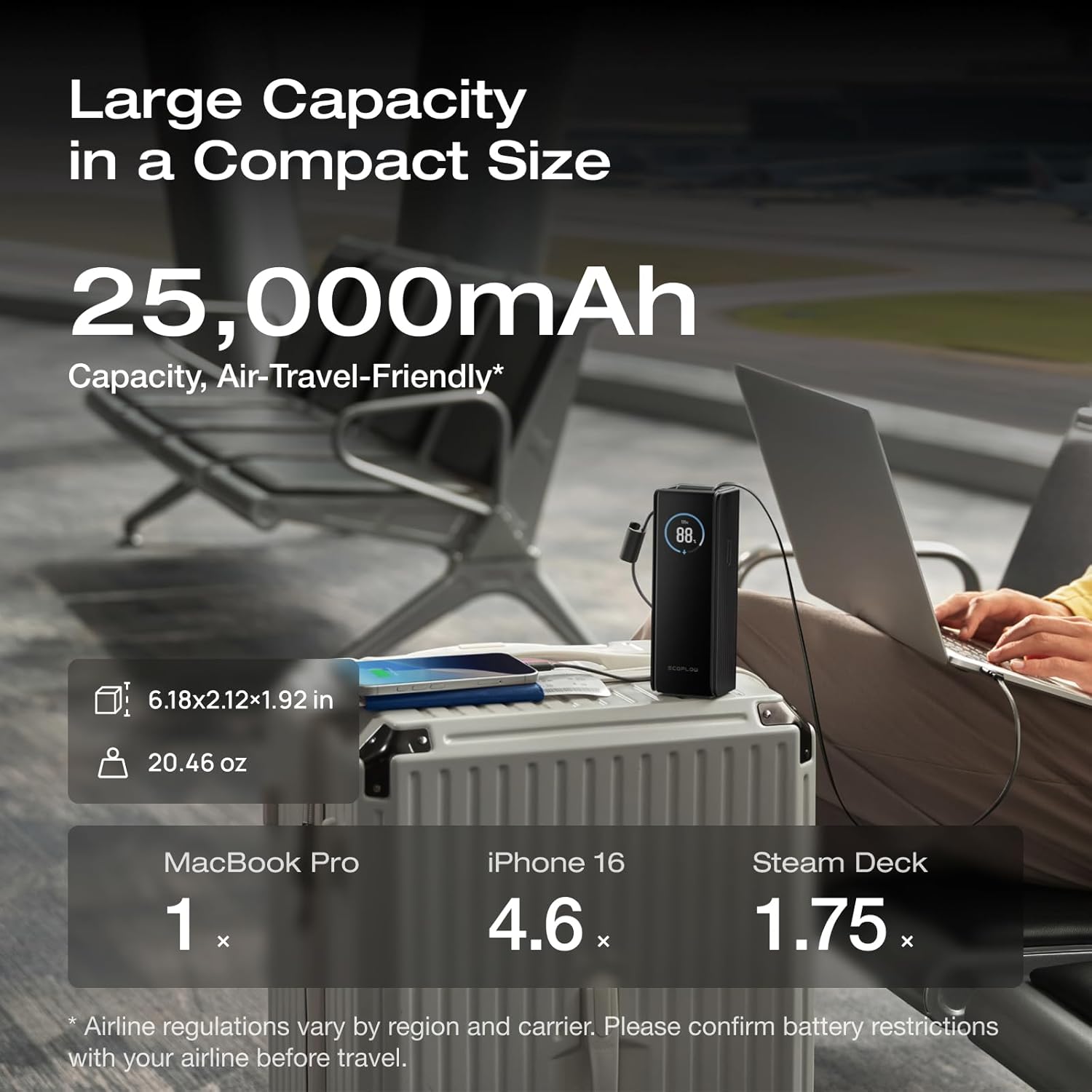 EcoFlow RAPID Power Bank (25,000mAh, 170W, 100W Built-In and Retractable Cables) - Black