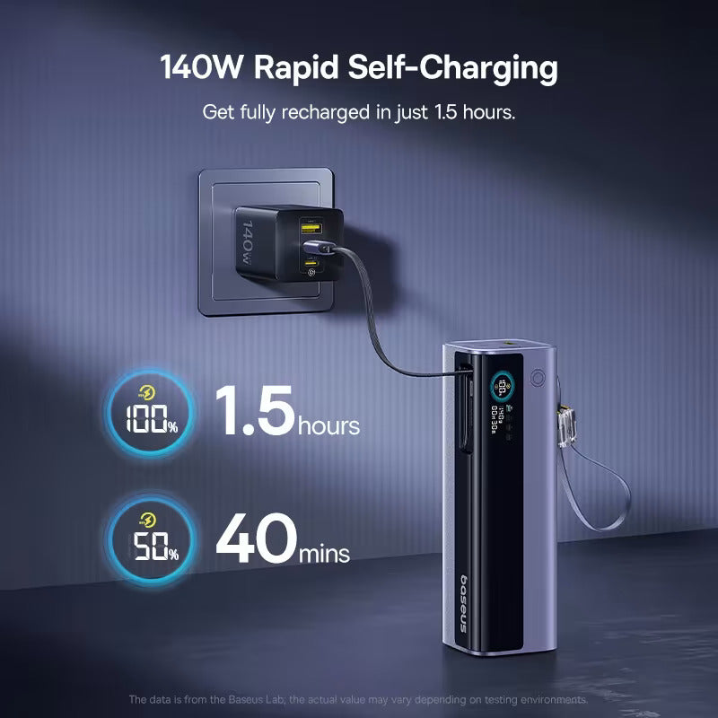 Baseus EnerGeek GR11 باور بانك بكابل قابل للسحب 25000 ملي أمبير 200 واط - رمادي فضائي