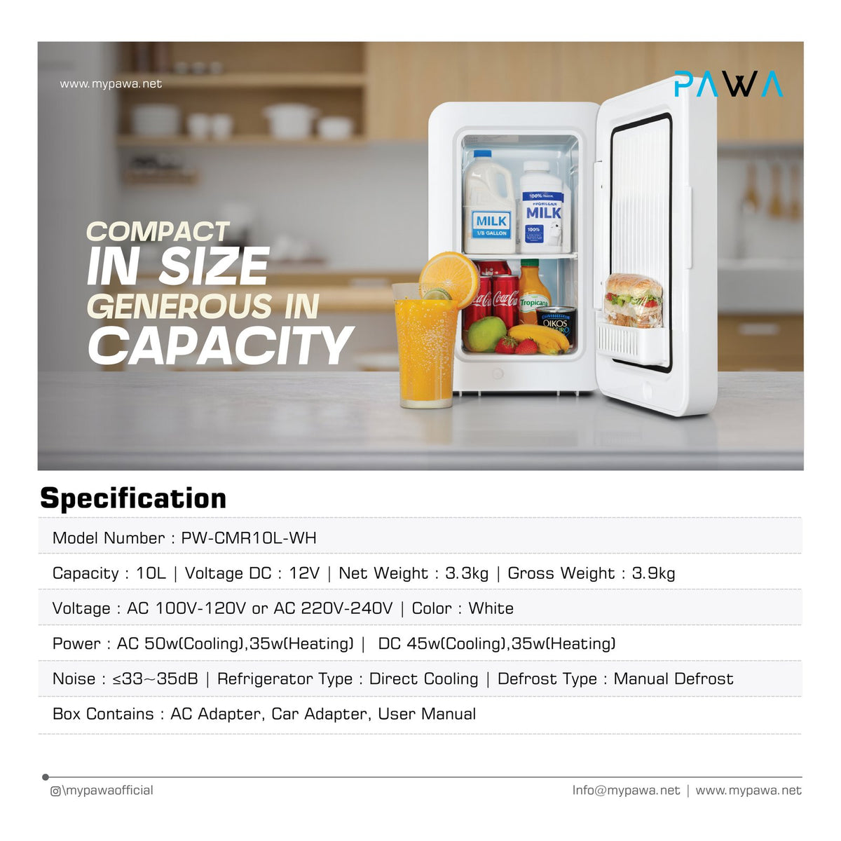 PAWA Chill Mini fridge in car with 12V adapter
