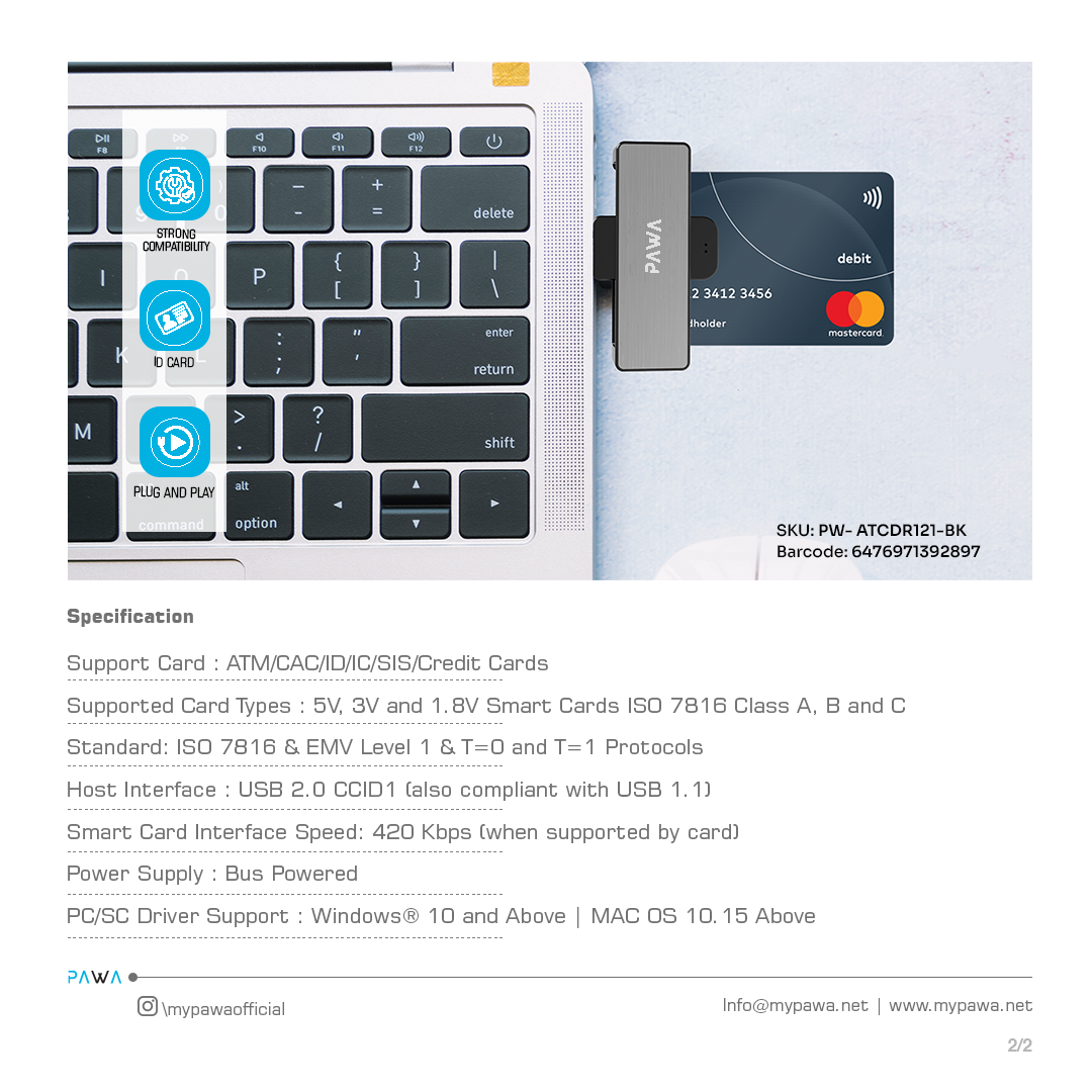 PAWA Mini Single Slot Smart Card Reader - Black