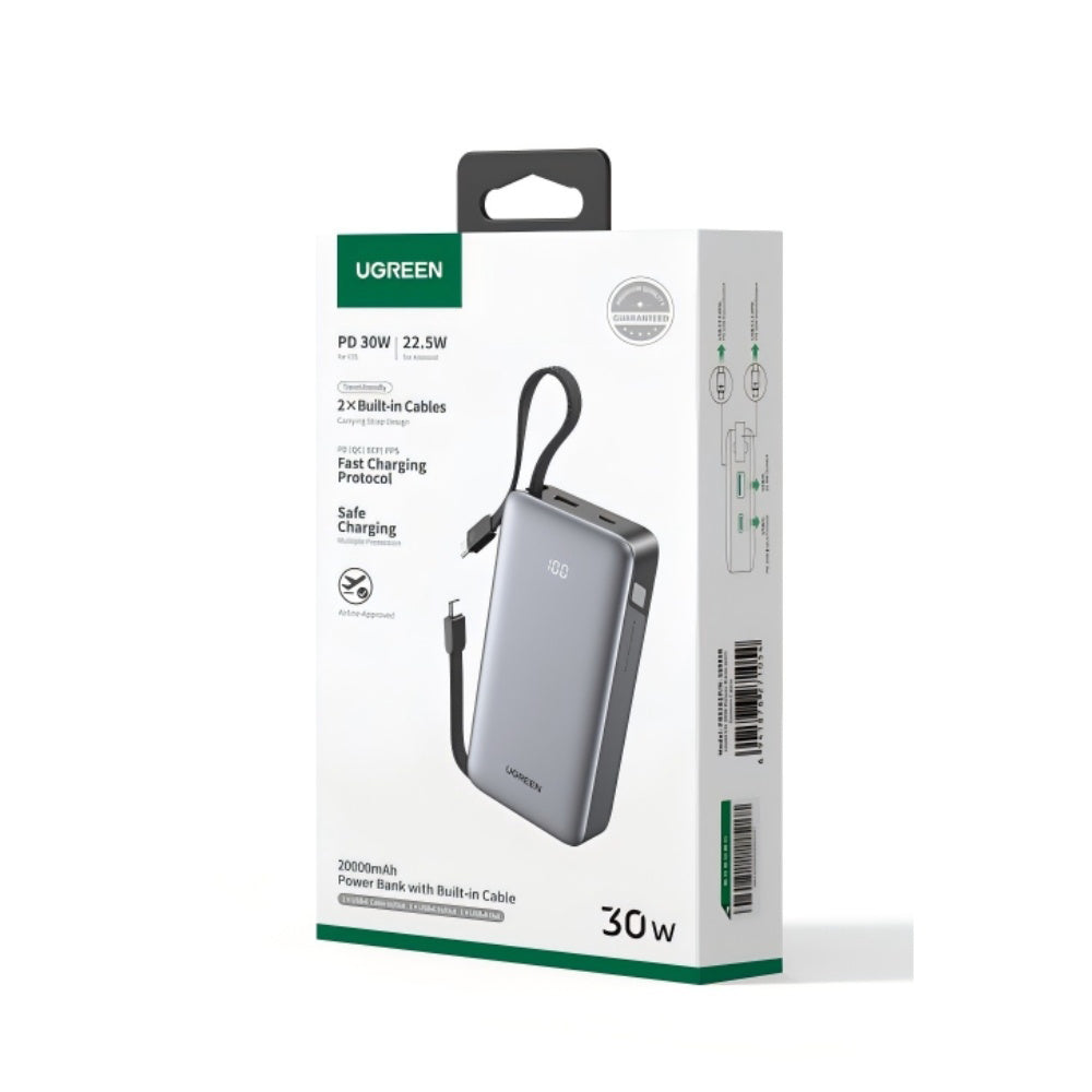 UGREEN باور بانك 20000 مللي أمبير 30 واط مع كيبلين USB-C مدمجين - PB528