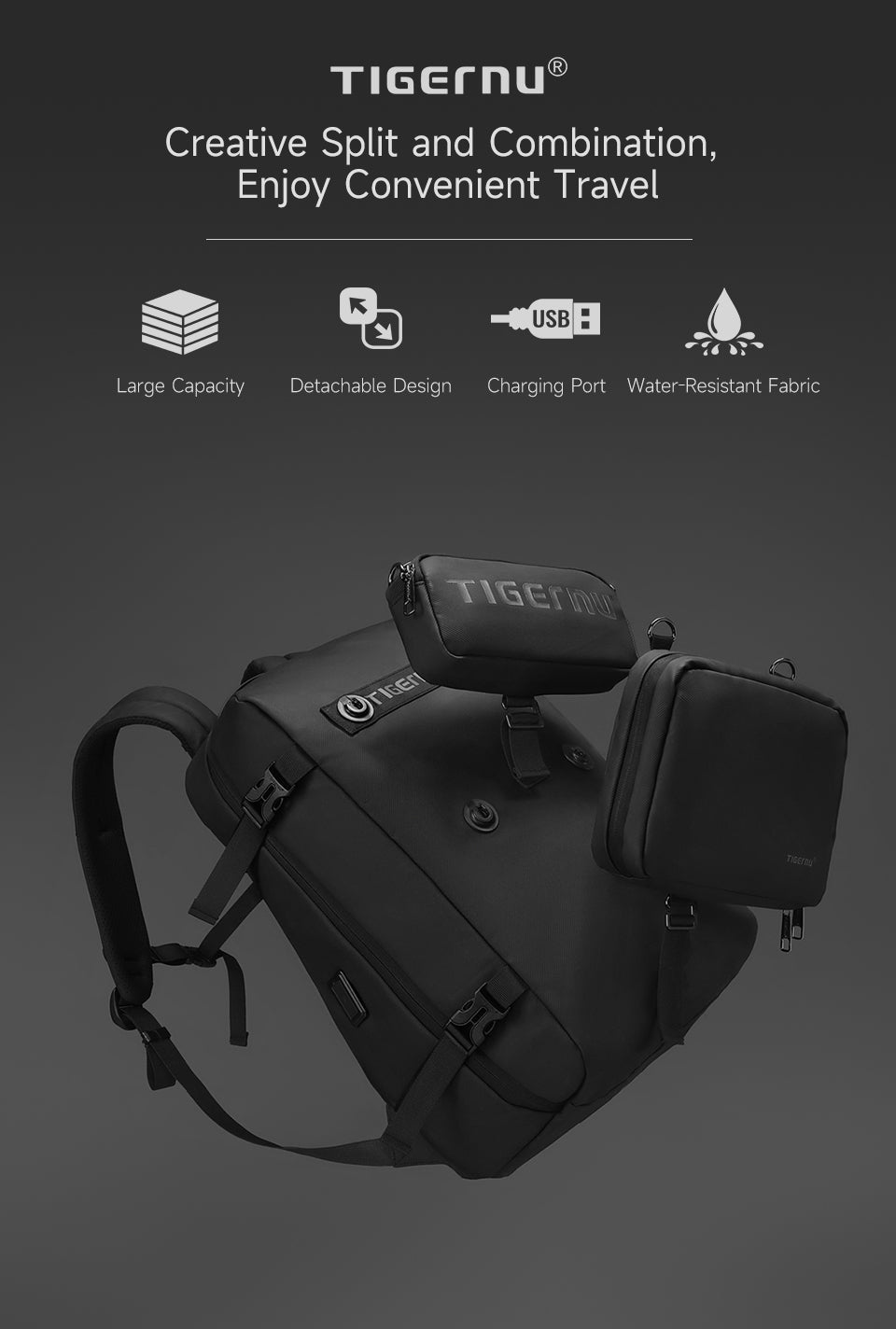 Tigernu T-B9836 Detachable Multi-Functional Backpack - Black