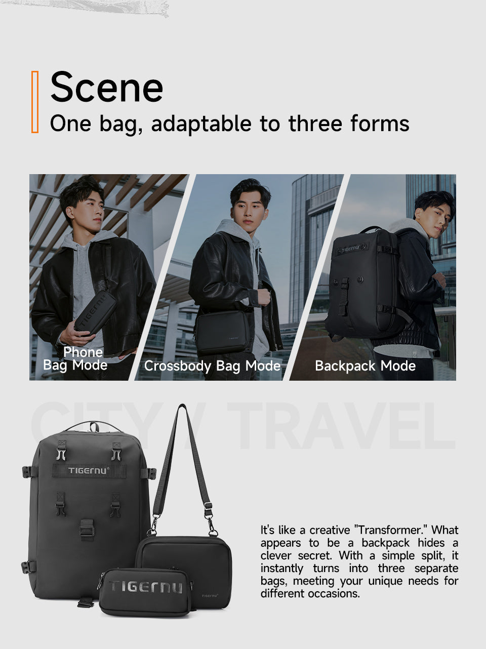 Tigernu T-B9836 Detachable Multi-Functional Backpack - Black