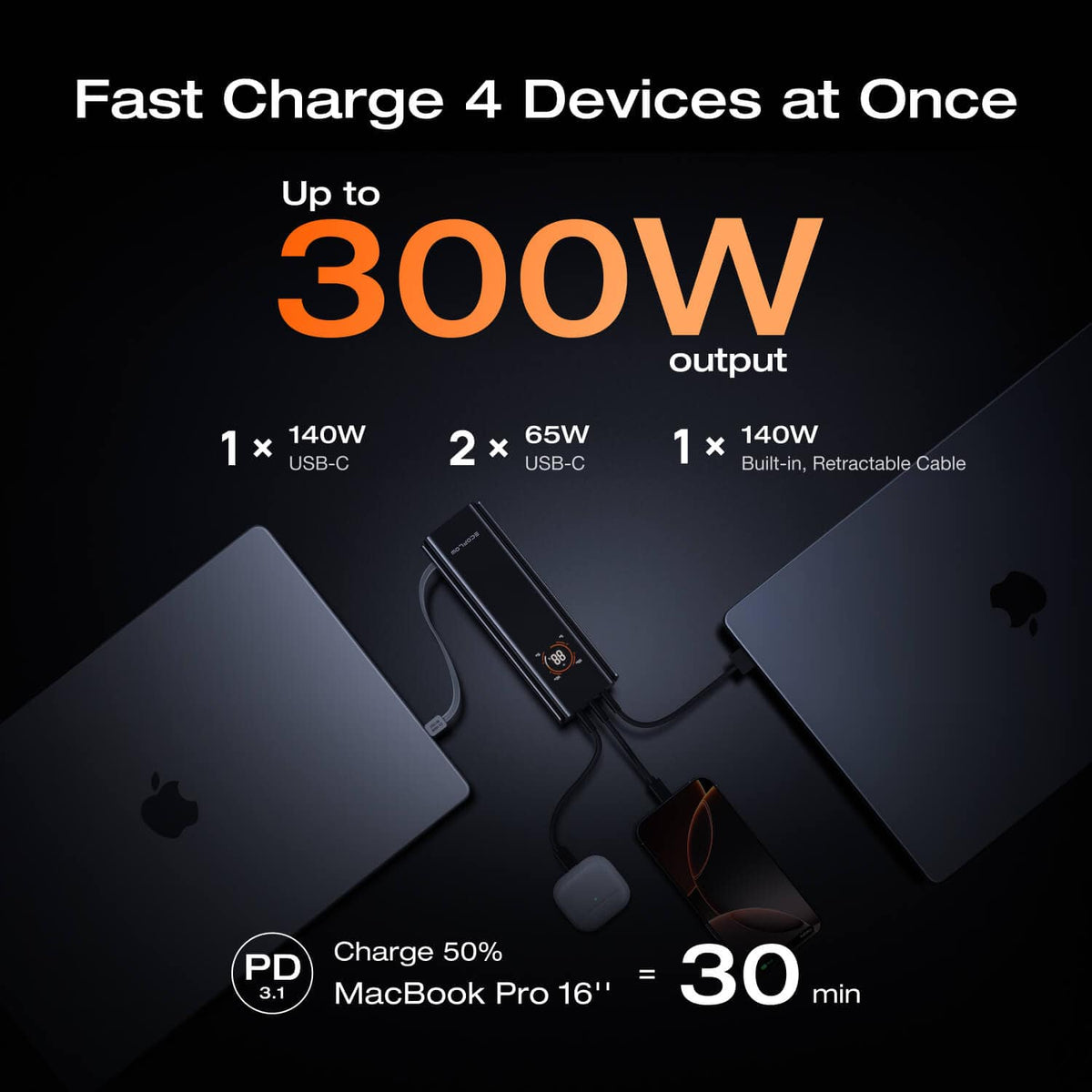 EcoFlow RAPID Pro Power Bank (27,650mAh, 300W, 140W Built-in Cable) - Silver