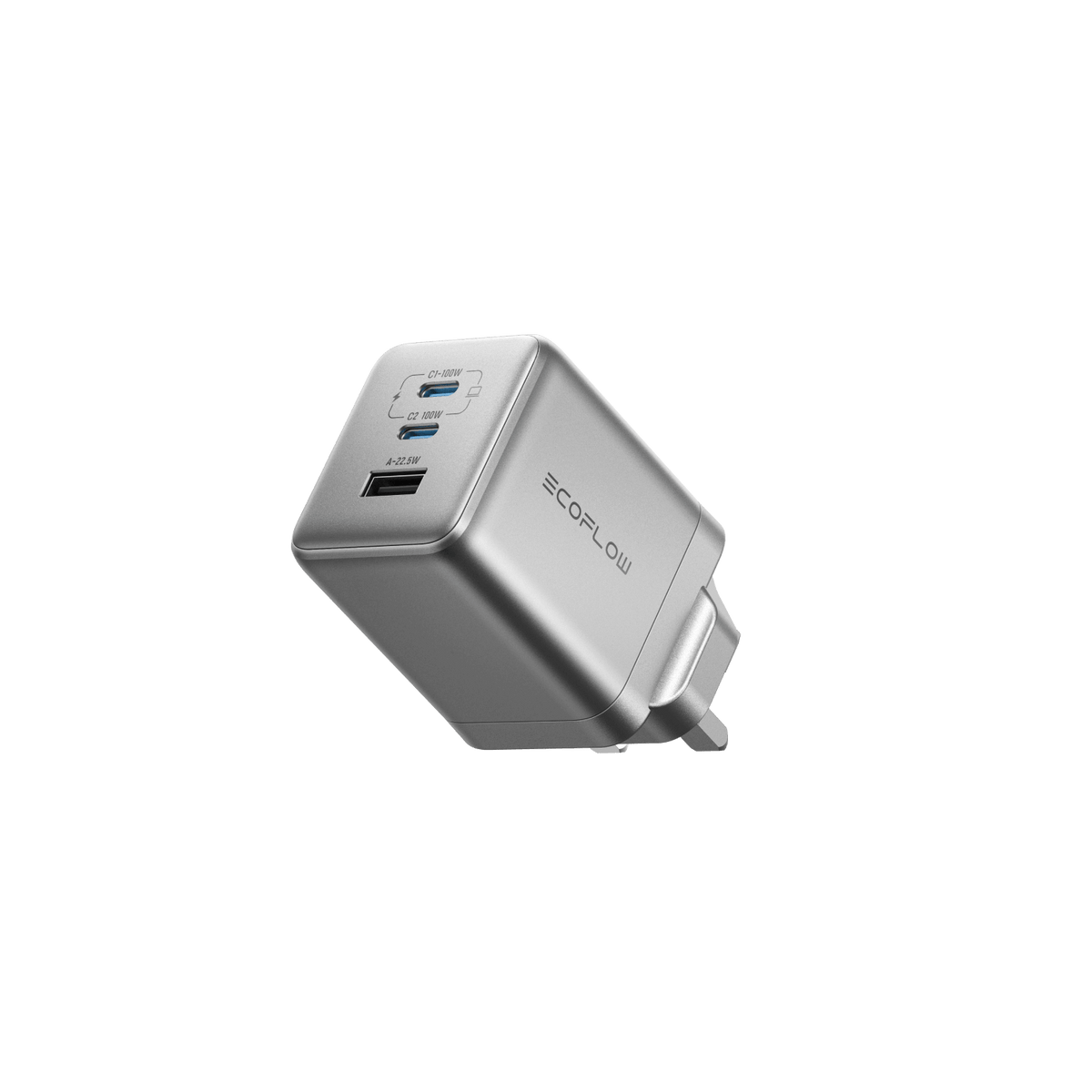 EcoFlow شاحن RAPID Pro بقدرة 100 واط GaN بثلاثة منافذ - فضي