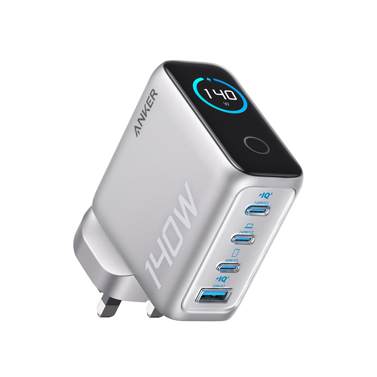 شاحن أنكر (140 واط، 4 منافذ، PD 3.1) مع كابل USB-C - فضي
