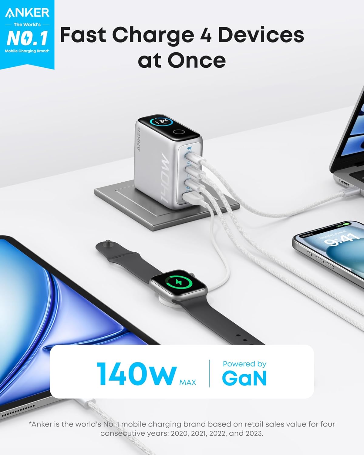 شاحن أنكر (140 واط، 4 منافذ، PD 3.1) مع كابل USB-C - فضي