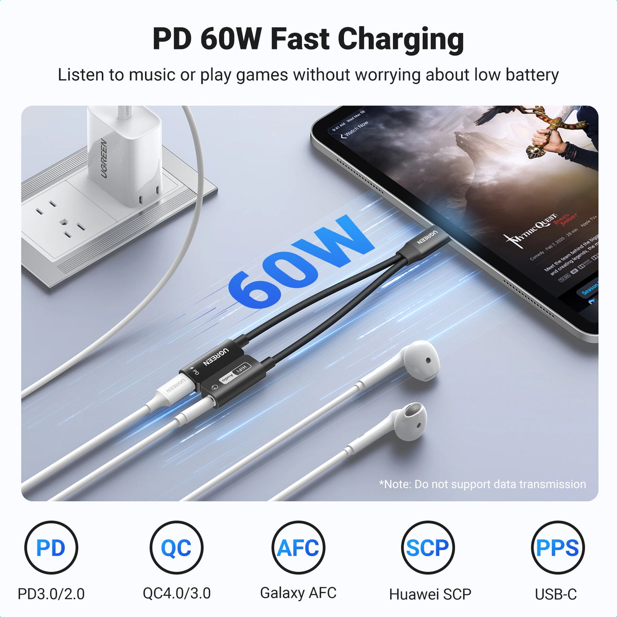 UGREEN محول USB-C إلى 3.5 مم للصوت مع شحن PD أسود - CM721